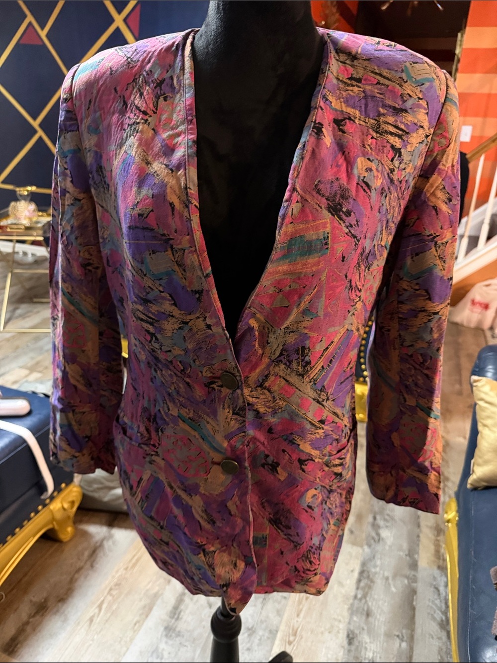 Vintage George Georgia Women's Abstract Print Blazer Jacket - Purple Multi